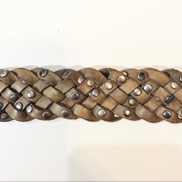 Buckle Braided Woven Brown Leather Studded Belt - Picture 3 of 5